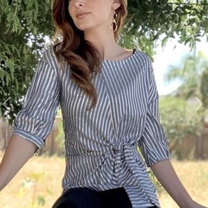 Anthropologie Tie Front Blouse Stripe Gold Lurex Size 10